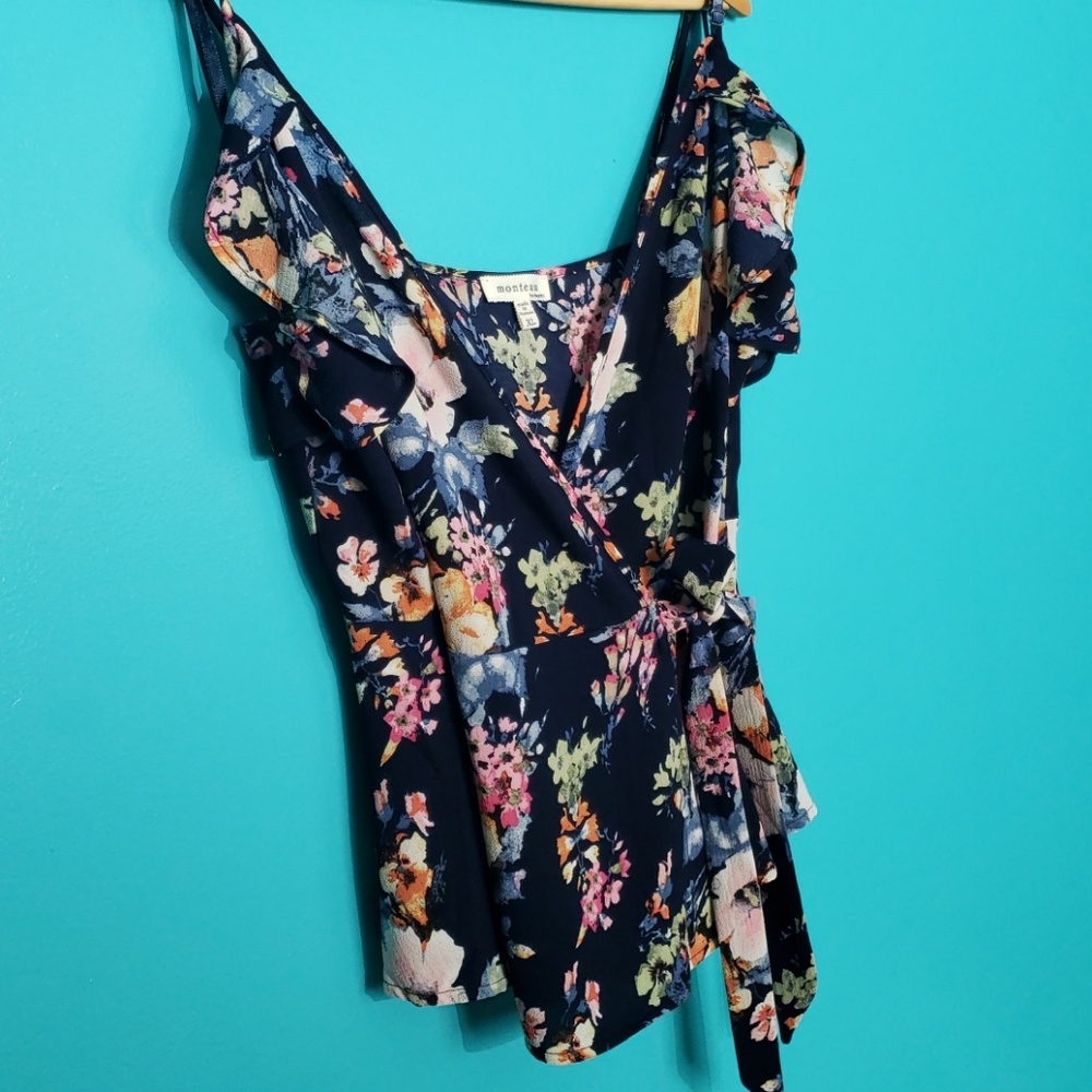 Blue Floral Print V-Neck Blouse